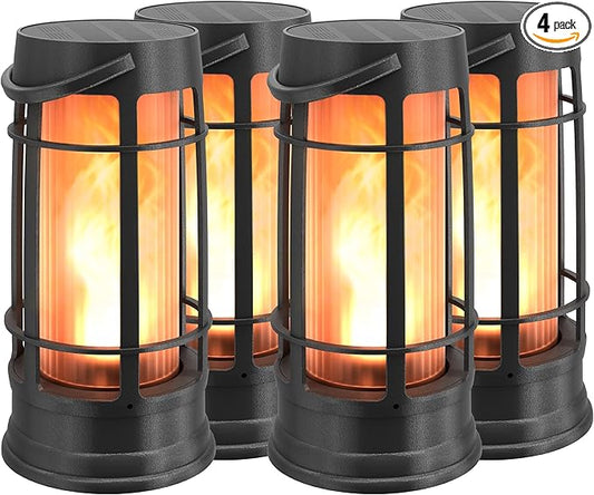 Metal Outdoor Solar Lantern, Flickering Solar Lanterns Outdoor Waterproof with Patented LED, Outdoor Lanterns for Porch, Patio, Garden, Tabletop, Hanging Use, Matte Black (4 Pack)