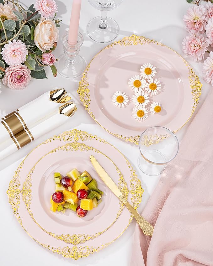 Nervure 100PCS Pink and Gold Plastic Plates - 7.5 inch Pink Plastic Plates with Gold Rim - Disposable Dessert Plate for Wedding & Party & New Year