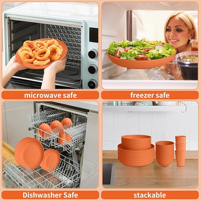 Orange Plastic Dishes Set for 8 includes Dinner Plates,Pasta Bowls,Soup Bowls and Drinking Cups,Unbreakable Orange Plastic Plates Set Microwave Dishwasher Safe For Thanksgiving Dinnerware Sets,32PCS