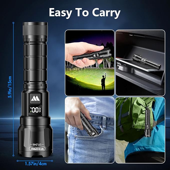 Wdtpro LED Rechargeable Flashlights High Lumens 2Pack, 6000LM Super Bright Flashlight, Zoomable Powerful Camping Flashlights with LCD Digital Display, 3 Modes Waterproof Flash Light for Home Emergency