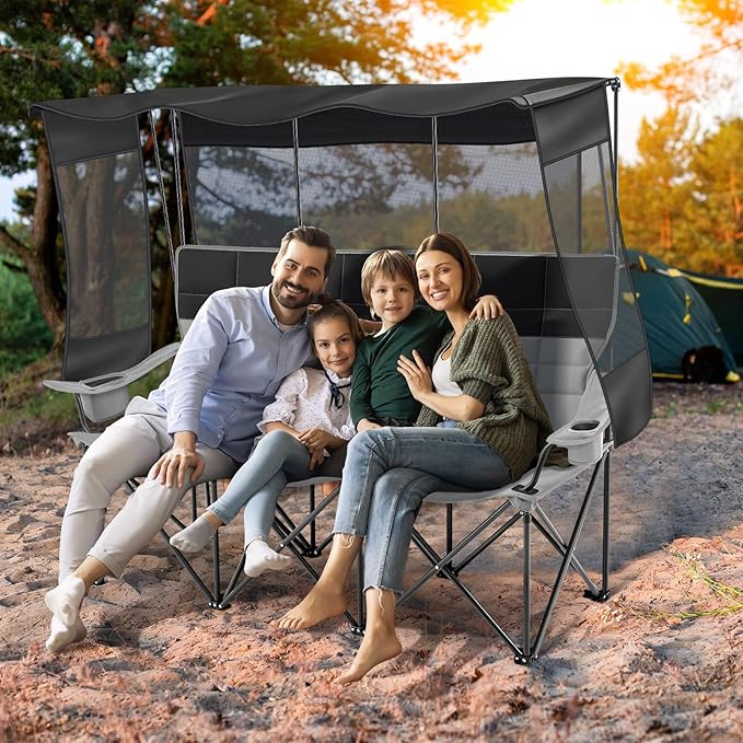 3 Person Camping Chair with Canopy Shade Fully Padded Folding Outdoor Oversized Camping Sofa for 2-3 Person, Heavy Duty Couch with Cup Holder and Carry Bag for Lawn Camp Fall Outdoor Activities