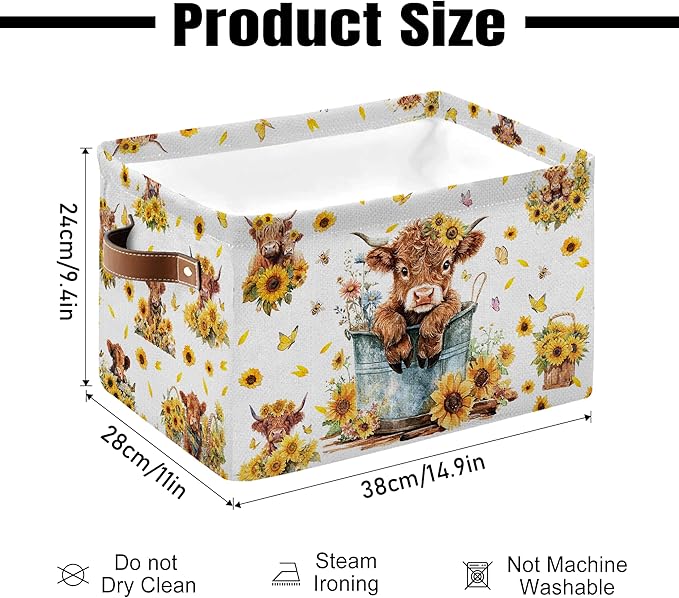 Highland Cow Rectangle Storage Basket - Highland Cow Themed Collection Collapsible Storage Baskets with Handles - Cute Cows Pattern Storages Bin for Kids Clothes, Gifts, Books,Toys