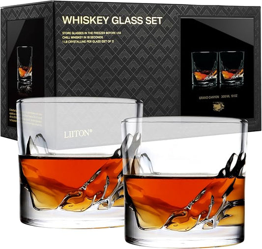 LIITON Grand Canyon Heavy Crystal Whiskey Glasses Gift Set of 2, Thick Freezable Bourbon Glass 1lb Each, Premium Whiskey Gifts for Men, Frozen Crystal Chills Cocktails, 10 oz