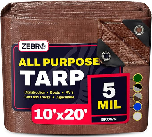 10' x 20' Brown Tarp with Grommets Reinforced - 5 Mil Thick - Durable UV Resistant Plastic Tarps Waterproof - Large Tarpaulin Cover for Outdoor Camping Over/Under Tent Tarp RV Roof Rain - Zebro