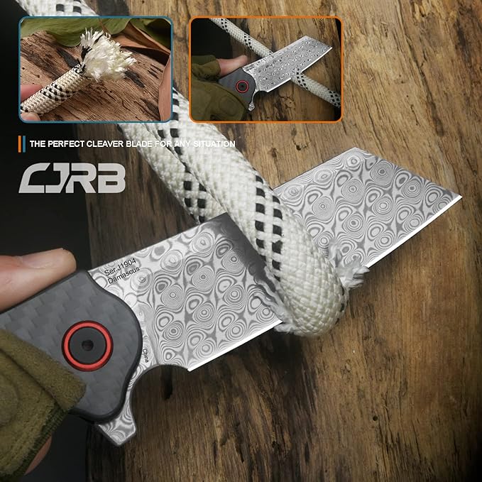 CJRB Crag Folding Pocket Knife, 3.43" Rose Damascus steel Blade Carbon Fiber Handle EDC Knife with Pocket Clip for Men Women Camping Survival Hiking, Damascus (J1904)