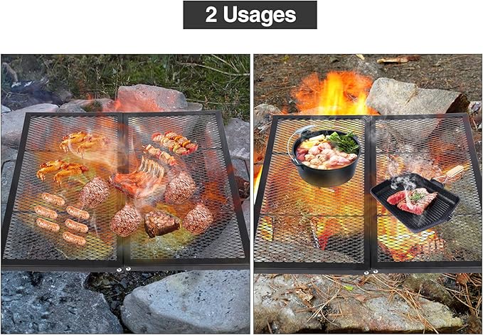 Lineslife Square Fire Pit Cooking Grill Grates, Folding Outdoor Campfire BBQ Grill Rack with Handles, Portable Outside Camping Gear Cookware and Accessory, 30 Inch