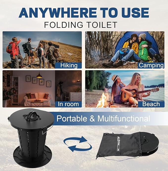 ALEVMOOM Upgrade Retractable Portable Toilets Travel Toilet, Adjustable Height Foldable Camp Toilet for Adults & Kids, Portable Potty with Carry Bag for Camping, Hiking, RV Travel, Road Trips