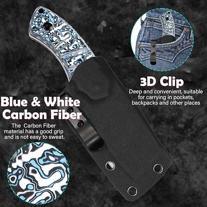 KANSEPT Knives Korvid S Fixed blade Hunting Camping Hiking Knife with 2.9''CPM S35VN Cleaver Blade Blue & White Carbon Fiber Handle, Kydex Sheath for Men WomenEveryday Carry G2030A6