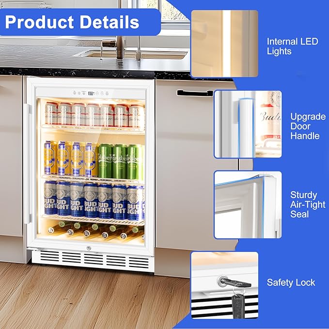 24 Inch Beverage Refrigerator, Undercounter Beverage Fridge, 200 Cans, Glass Door, Reversible Door, Temperature Control, Safety Lock, White, 4.9 Cubic Feet