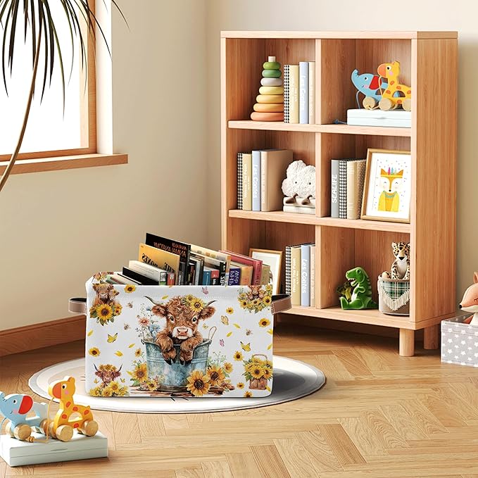 Highland Cow Rectangle Storage Basket - Highland Cow Themed Collection Collapsible Storage Baskets with Handles - Cute Cows Pattern Storages Bin for Kids Clothes, Gifts, Books,Toys