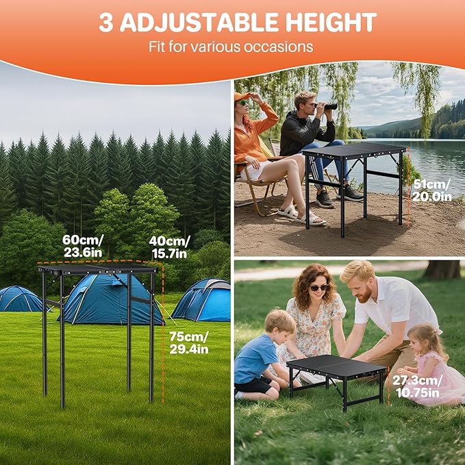 FUNYKICH Max 29.4'' Tall Camping Tables(23.6''Lx15.7''W), 3 Adjustable Height Small Folding Table, Ultra-Light Aluminum Portable Table with Carry Handle for Car Camping, Backyard Party, Beach, Picnic