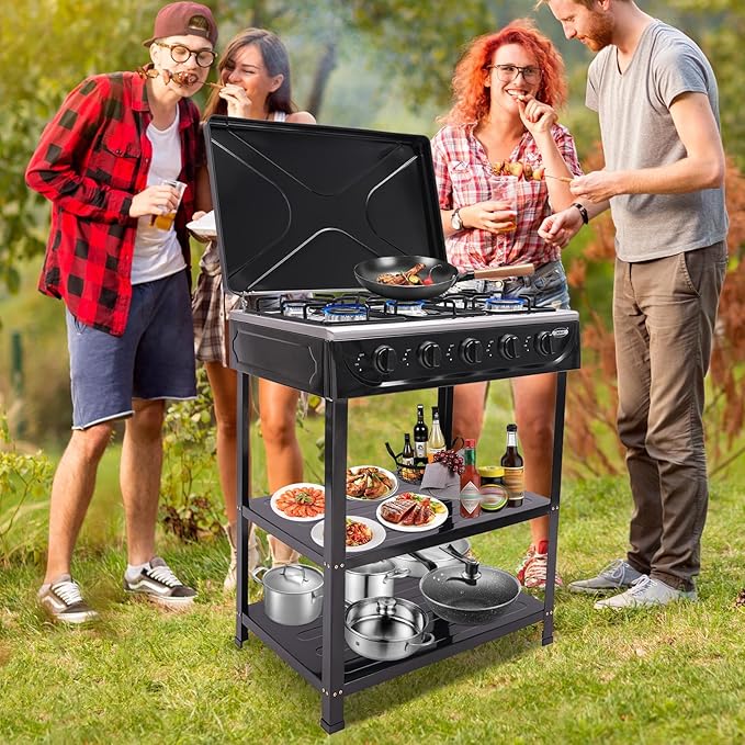 Natural Gas 5-Burner Outdoor Stove, Portable with Windshield, 2 Placement Boards, Ideal for Camping, Fishing, RV Travel