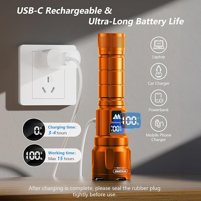 WdtPro LED Rechargeable Flashlight 2 Pack, Super Bright Zoomable 6000 Lumens Tactical Flashlight with LCD Digital Display, 3 Mode Waterproof Flash Light for Camping, Hunting & Home Emergency - Orange