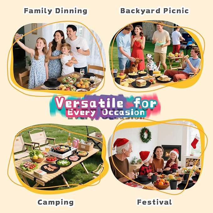 Wheat Straw Dinnerware Sets for 8, 32 Piece Unbreakable Plates and Bowls Sets, Alternative Plastic Dinnerware Set for Kitchen Outdoor and Apartment Dinning Essentials - Black