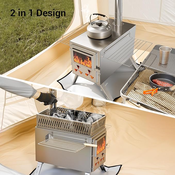 Wood Burning Sauna Hot Tent Stove, 2 in 1 Tent Wood Burning Stove with Chimney Pipe for Outdoor Camping Heating