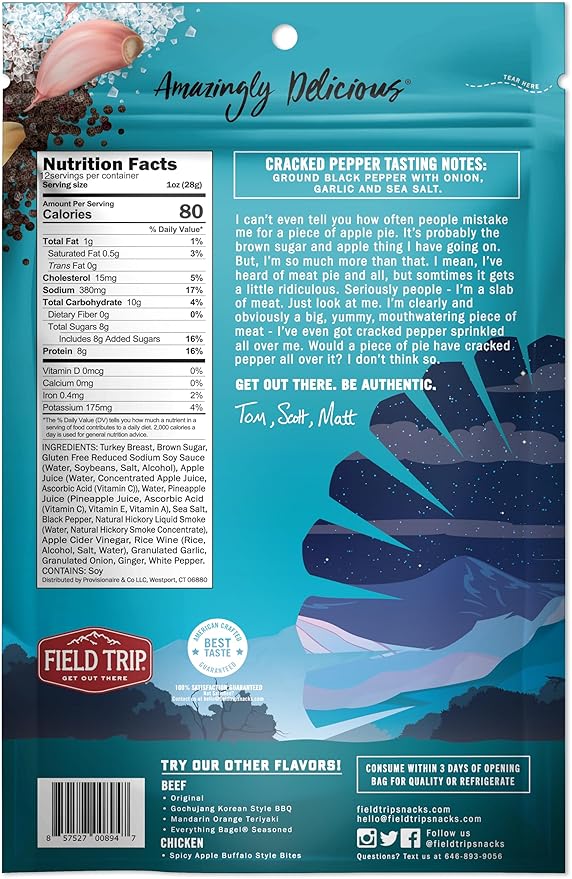 Field Trip Turkey Jerky, All Natural, Gluten Free Dried Turkey Meat, Healthy, Paleo-Friendly Low Carb Snack, High Protein Snacks with No Nitrates, 12oz Bag, Cracked Pepper