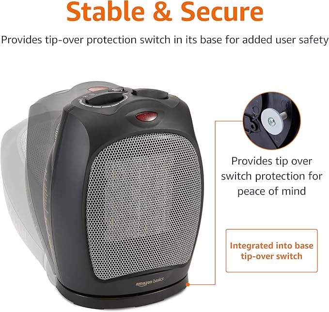 Amazon Basics Oscillating Ceramic Space Heater, Portable Indoor Heating Solution, With Overheat and Tip-Over Protection, Thermostat, 1500W, 7.52"D x 6.34"W x 9.45"H, Black