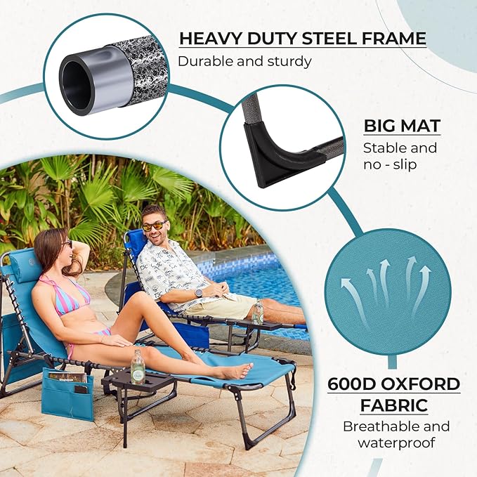 FUNDANGO 4 in 1 Tanning Chair with Face Hole, Beach Lounge Chair w/Canopy Shade & Side Table Chaise Lounge Chairs for Patio, Pool, Lawn, Sunbathing, 5-Position Adjustable Sun Lounger, Set of 2 Cyan