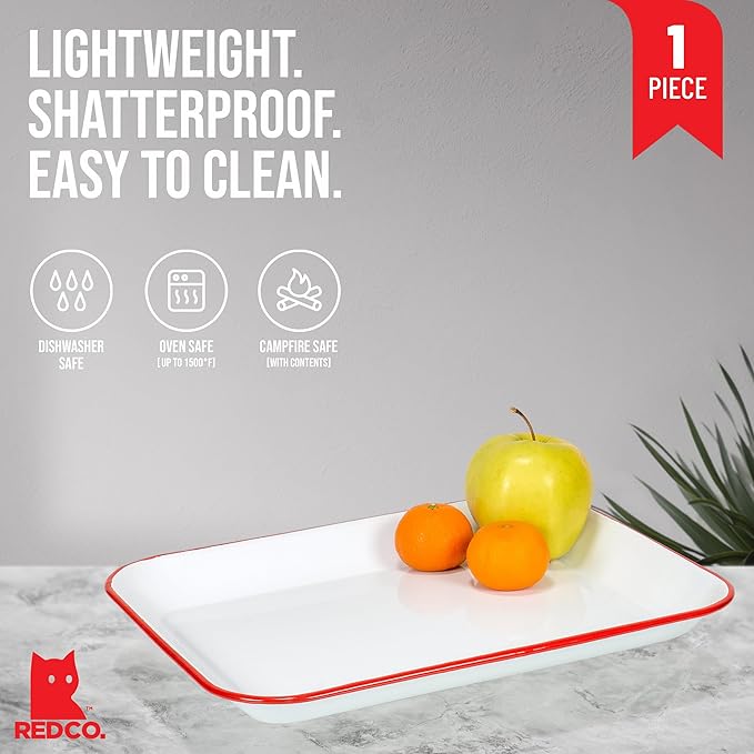 Red Co. 13.5” x 10” Enamelware Metal Classic 1.6-Quart Rectangular Serving Tray, Solid White/Red Rim