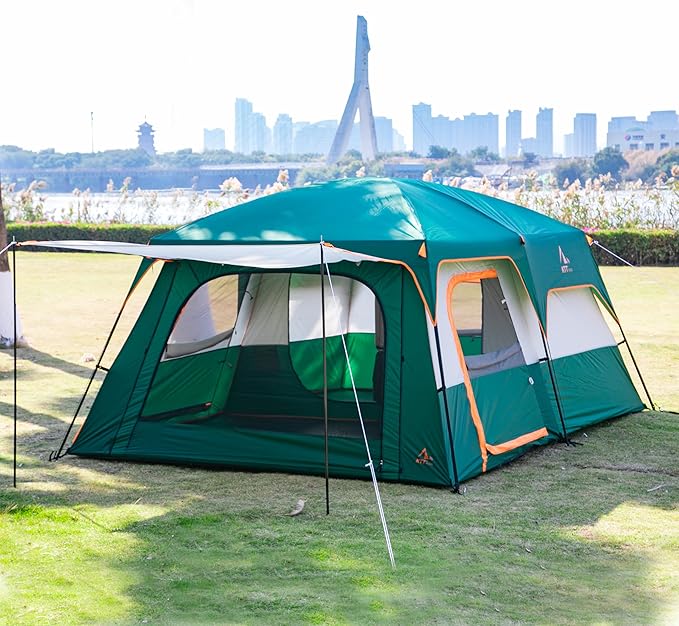 KTT Extra Large Tent 6-10-12-14 Person(A),Family Cabin Tents,2 Rooms,3 Doors and 3 Windows with Mesh,Straight Wall,Waterproof,Double Layer,Big Tent for Outdoor,Picnic,Camping,Family Gathering