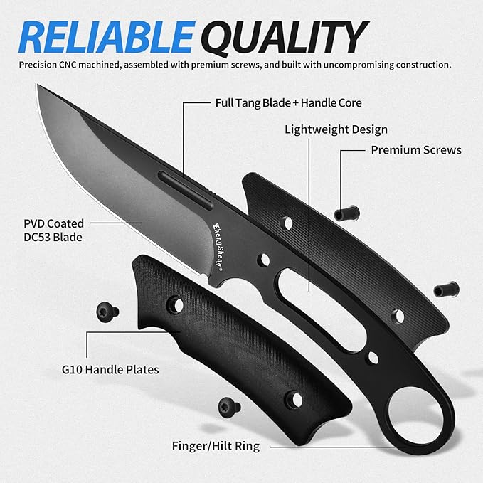 Fixed Blade Knife with Sheath, 4.0” DC53 Steel blade with Black Titanium Coating and G10 Handle Full Tang Outdoor Camping Hiking Survival Knives for Men Women
