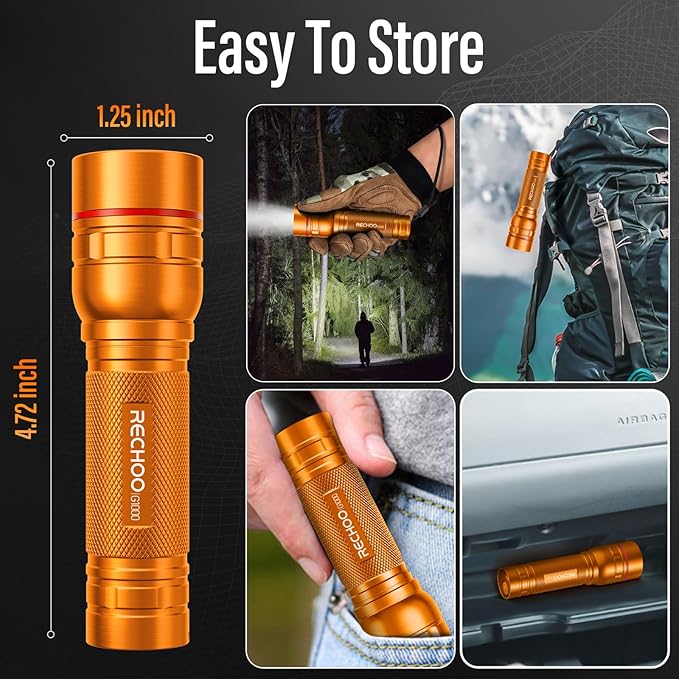 Rechargeable Flashlights High Lumens, G1000 Super Bright Flash Light Orange, Small Zoomable LED Flashlight with 3 Lighting Modes, Portable Tactical Flashlight for Camping Essentials (Battery Included)