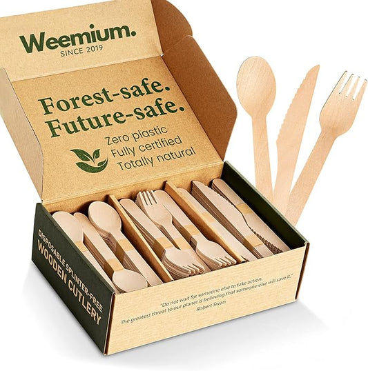 Disposable Wooden Cutlery Set - 300 Count (100 Forks, 100 Knives, 100 Spoons) – Plastic-free Packaging - Biodegradable Silverware and Splinter-free Compostable Utensils for Parties
