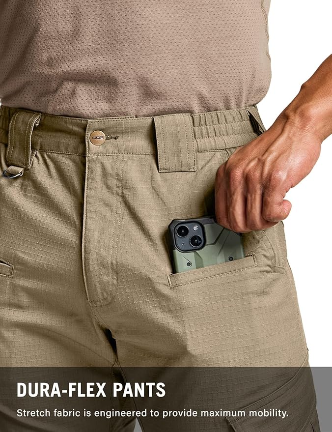 CQR Men's Flex Ripstop Tactical Pants, Water Resistant Stretch Cargo Pants, Lightweight EDC Hiking Work Pants