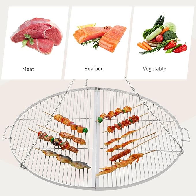 Lineslife Fire Pit Grill Cooking Grate Portable, Stainless Steel Folding Round Firepit Grill Rack with Handles, Outdoor Campfire BBQ Grill for Camping Picnic Gathering, Silver 31.5“