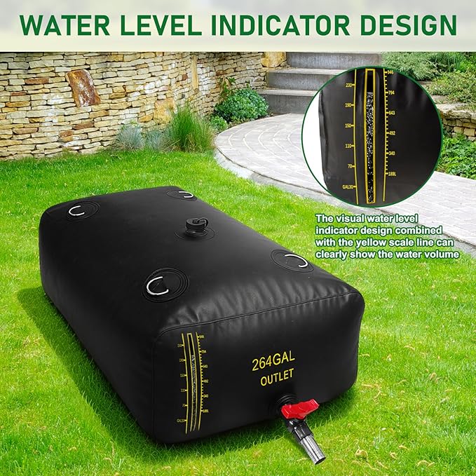 1000L/264Gal Water Bladder with Water Level Indicator, PVC Foldable and Portable Water Tank with 3 Connectors and Overflow Kit, Ideal for RV, Camping, Rainwater Collecting,Planting Watering