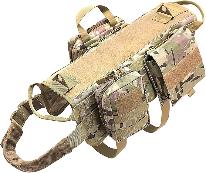 AIWAI Tactical Dog Harness with Pouches,Dog Vest Harness for Large Medium Dogs No-Pull Adjustable Military Dog Harness with Handle Walking Hiking Training (Camouflage, M)