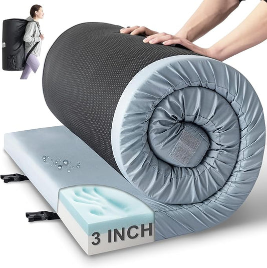 Kingfun Memory Foam Camping Sleeping Pad, CertiPUR-US Camping Mattress Waterproof Roll Up Mattress Guest Bed, Thick Floor Sleeping Mat for Car for Adults with Travel Bag
