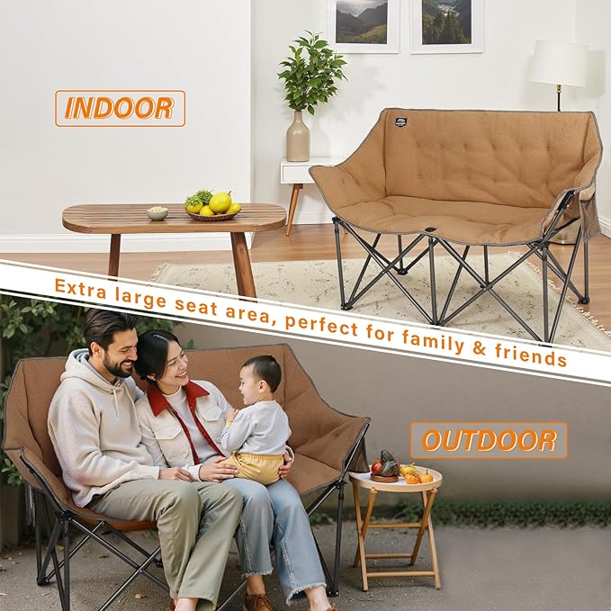 Fuzzy Oversized Folding Double Camping Chairs,Heavy Duty Supports 600 Lbs,Comfy Portable Loveseat for Adults w/Mesh Pocket,Plush Fleece-Lined Lawn Couch for Outdoor/Indoor,Light Moca