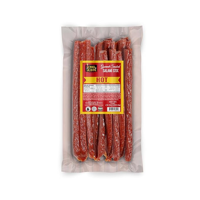 Long John Snacks Dried Salami Sticks - High Protein Smoked Meat Sticks Bulk Pack - Handcrafted From Fresh Premium Cuts of USA Beef and Pork - Low Carb, Gluten-Free, Keto Snacks - Hot, 16 Oz