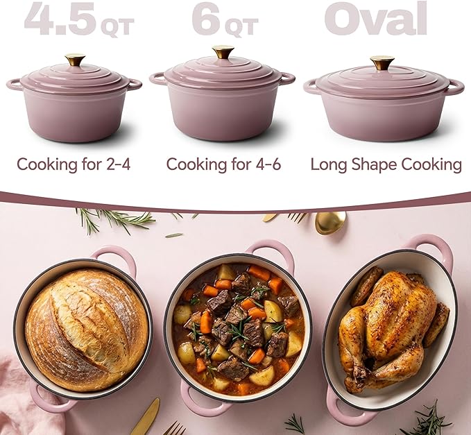 Vintage Style 4.5 Quart Dutch Oven Pot with Lid, Non Stick Enameled Cast Iron Dutch Oven for Bread Baking, Heavy-Duty, Oven Safe Ceramic Cookware Up to 500°F for Baking, Braising, Stews, Roasting, Pink