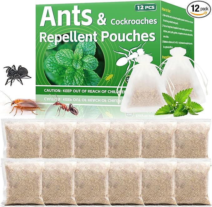 12 Pcs Natural Ant Repellent Pouches - Peppermint Oil Ant Roach Wasp Bee Repellent for Patio Front Porch Yard Garden, Pest Insect Deterrent Repellant Outdoor Indoor