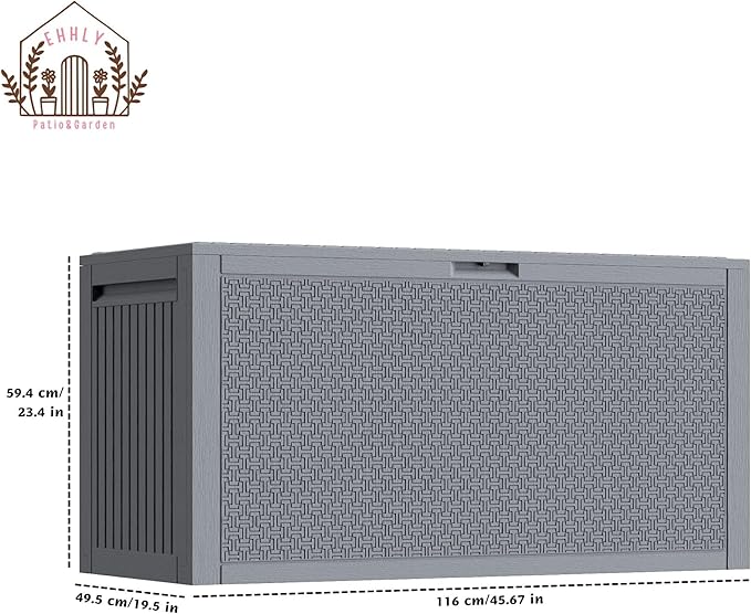 90 Gallon Outdoor Storage Box, Lockable Package Outside Storage Box Waterproof, Patio Cushions Deck Storage Boxes, Rattan Plastic Garden Hose Containers Resin Pool Storage Bins with lids, Grey