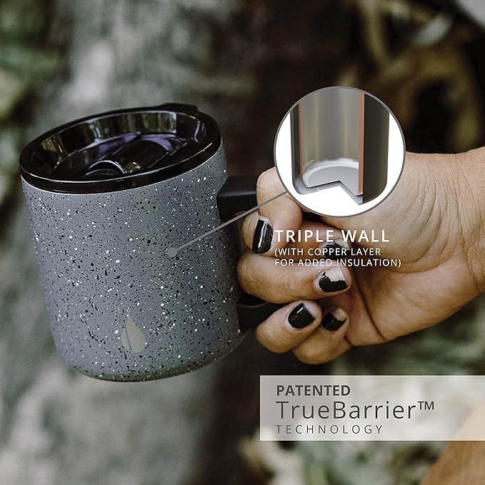 Elemental Insulated Coffee Mug - Triple-Wall Stainless Steel Summit Travel Cup for Hot and Cold Drinks - Thermal Coffee Mug with Lid and Handle for Camping, Office & Travel 12oz - Grey Speckle