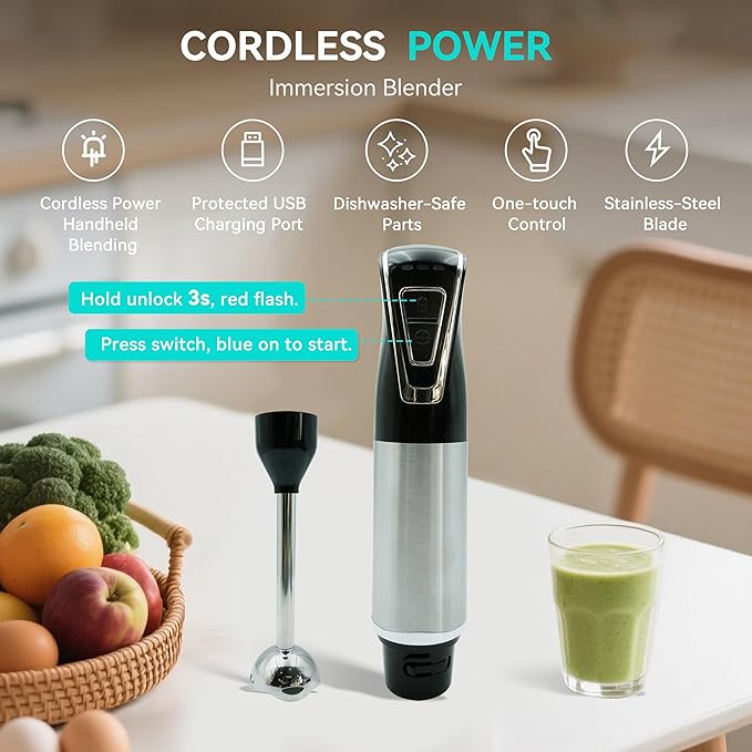 Cordless Immersion Hand Blender by Weavelife - Rechargeable, Portable, One-Touch Control & Safety Lock for Pureeing, Soups, Smoothies with Stainless Steel Blade