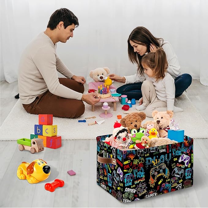 Gamer Rectangle Storage Basket - Game Themed Collection Collapsible Storage Baskets with Handles - Gamer Toy Bins for Boys - Cool Game Pattern Storages Bin for Kids Clothes, Gifts, Books
