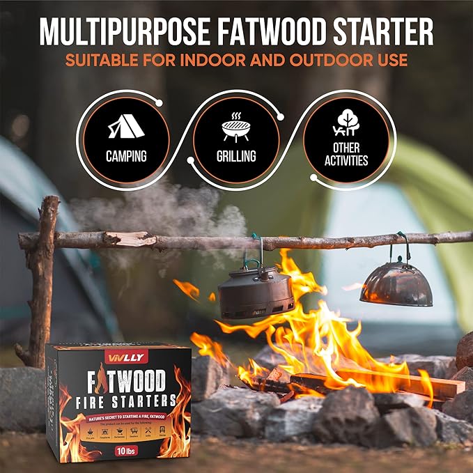 Fatwood Fire Starter Pack – Starter Wood for Fireplace – Small Wood Logs for Campfire Stove, Grilling & Cooking – Firewood Lighter Kindling Sticks – Firepit Burning (10 lb)