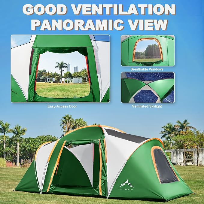 Tents for Camping, Waterproof 10 Person Family Tent with Double Layer & 4 Large Mesh Windows, Weather Resistant Easy Setup 2 Room Big Tent for Music Festival, Parties, 18 X 9 X 6.8Ft