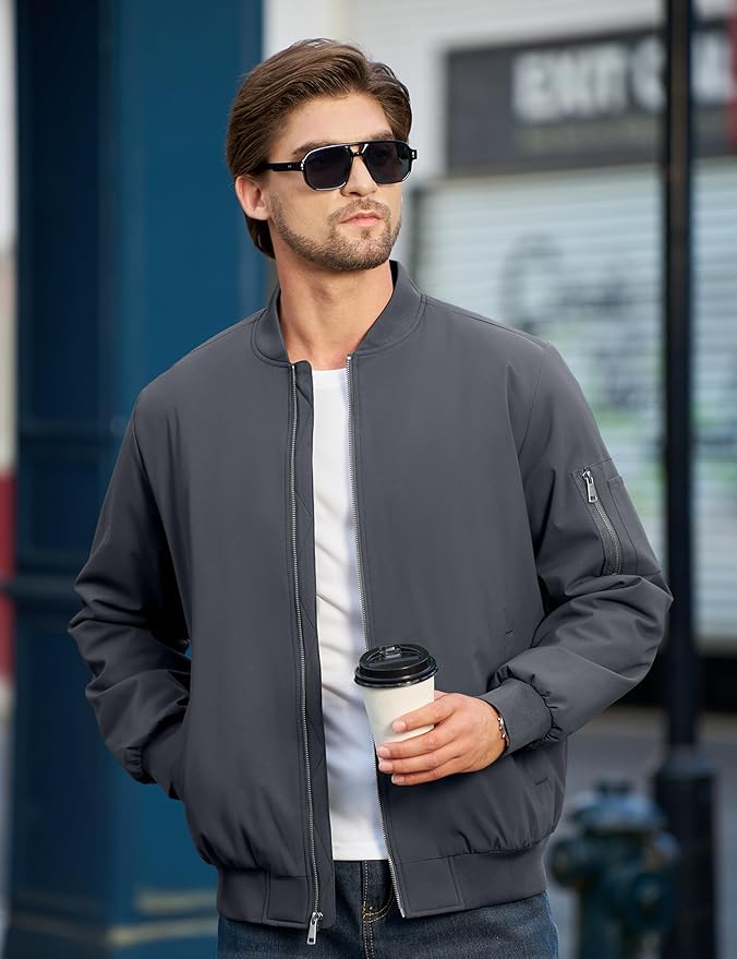 Cotrasen Mens Bomber Jacket Fall Winter Warm Windbreaker Casual Full Zip Padded Coats with Pockets