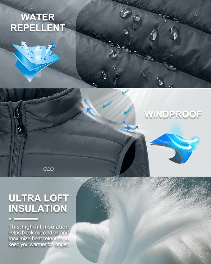 33,000ft Men's Lightweight Packable Insulated Puffer Vest Outerwear, Warm Winter Sleeveless Jacket for Golf Running