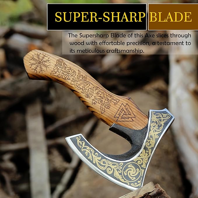 SHINY CRAFTS-Viking axe bearded axe tomahawk birthday gifts-Viking Axe with Carbon Steel Head and Ash Wood Handle is black polished, Viking Gifts for Men with Premium Quality Leather Sheath (SCA-0025)