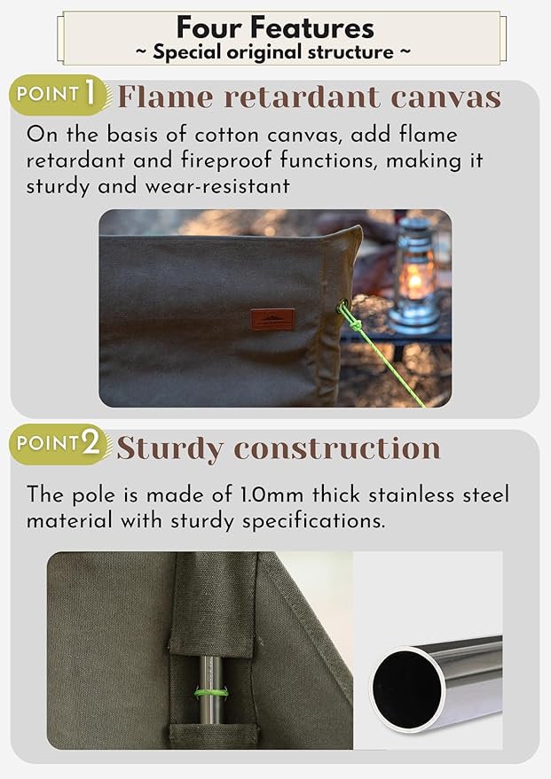CAMPINGMOON Windshield Camp Curtain Canvas Bonfire Reflector with Stainless Steel Pole Storage Case Khaki Color B-660