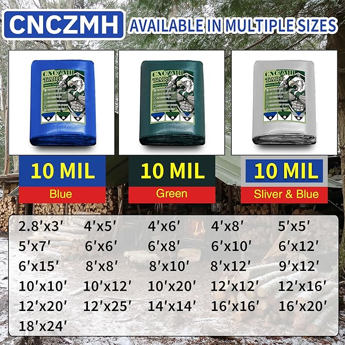 Heavy Duty Tarp Waterproof, 10 Mil Thick 5x5 Feet Finished Size Tarps Outdoor, Multipurpose Tarpaulin, Small Tarp for Emergency Rain Shelter Camping (Silver/Blue, 5x5ft 3 Pack)