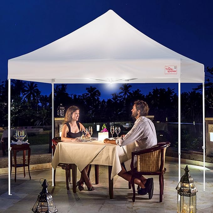 Tradesparker 10×10 Pop Up Canopy Tent-Commercial Instant Shelter-Trade Show Canopies with LED Curtain & 4 Dual-Row Casters,Weight Kit for Beach,Events,Parties,Camping,Gazebo Shade,Grey