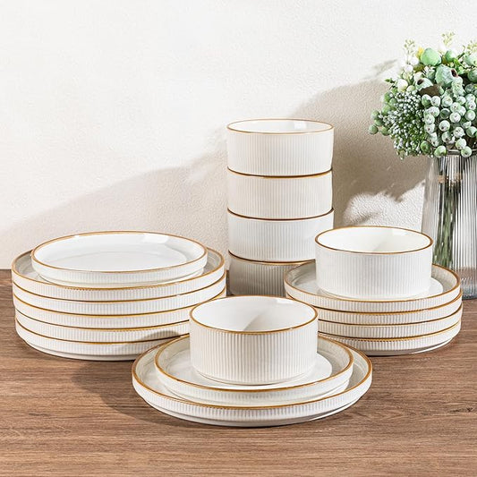 GBHOME Stoneware Dinnerware Sets for 8, Round Reactive Glaze Ceramic Plates and Bowls Set, Highly Scratch Resistant | Dishwasher & Microwave Safe Set，Service for 8（24pcs),Pearl White