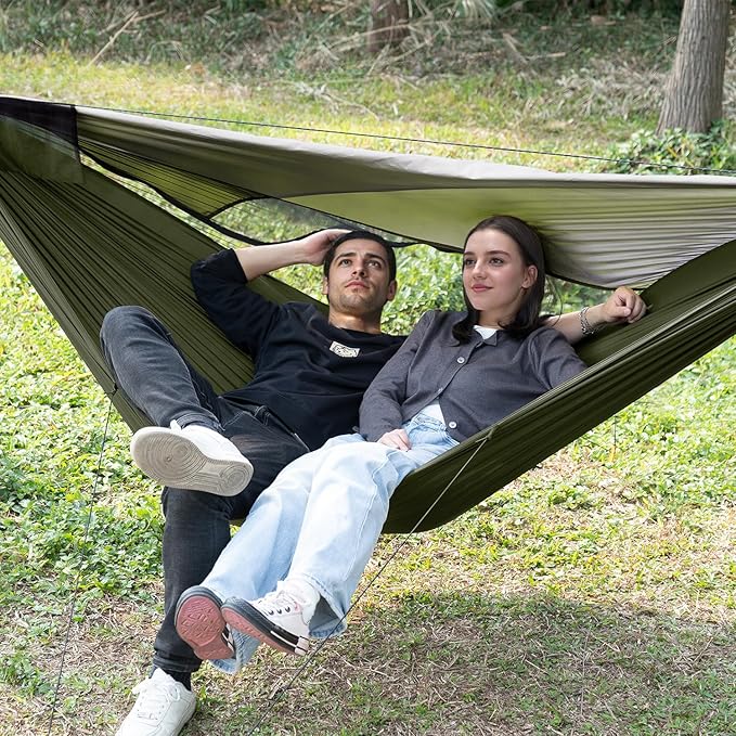Camping Hammock with Mosquito Net and Sunshade, Backpacking Hammock with Ridge Rope Tree Straps, Lightweight Portable Hammocks for Outside, Hiking, and Travel